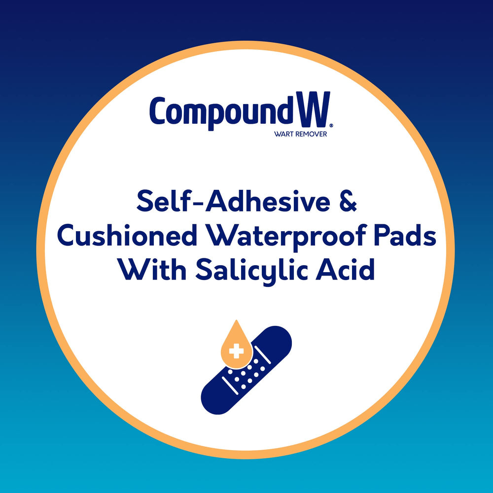Compound W self-adhesive pad demonstrates secure adhesion and targeted treatment.