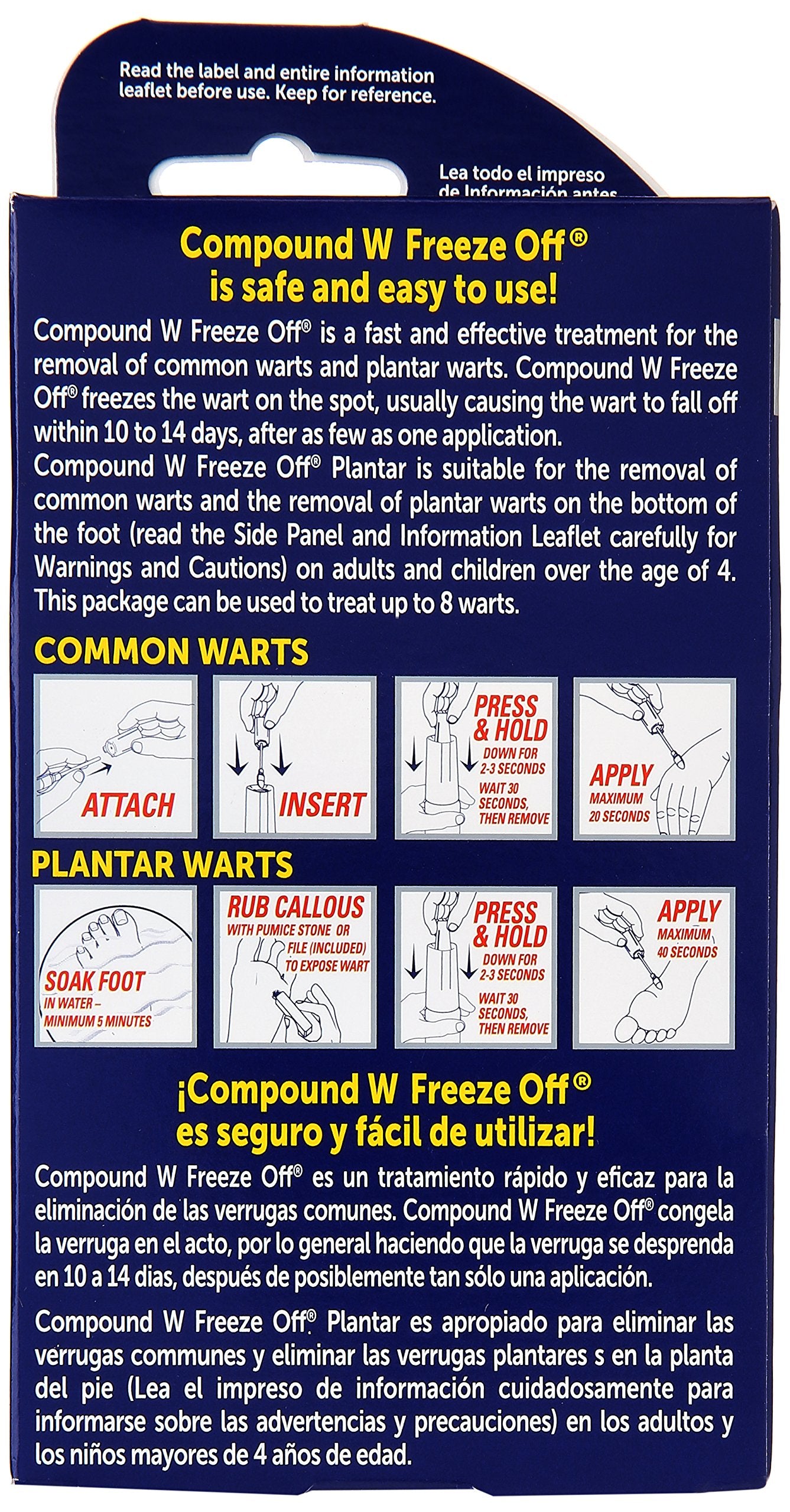 Compound W Wart Remover packaging shows illustrated steps for common and plantar wart treatment.