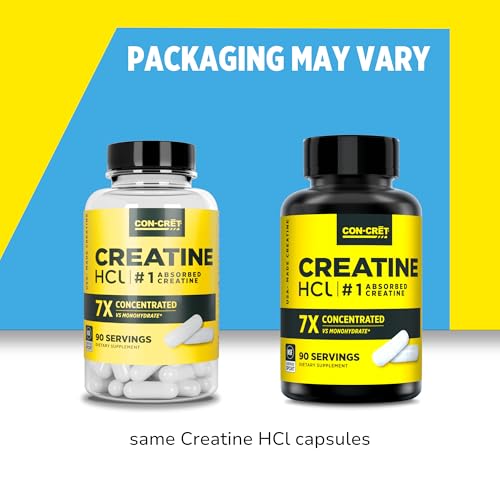 Angle view of CON-CRET Creatine HCl capsules pouring from bottle