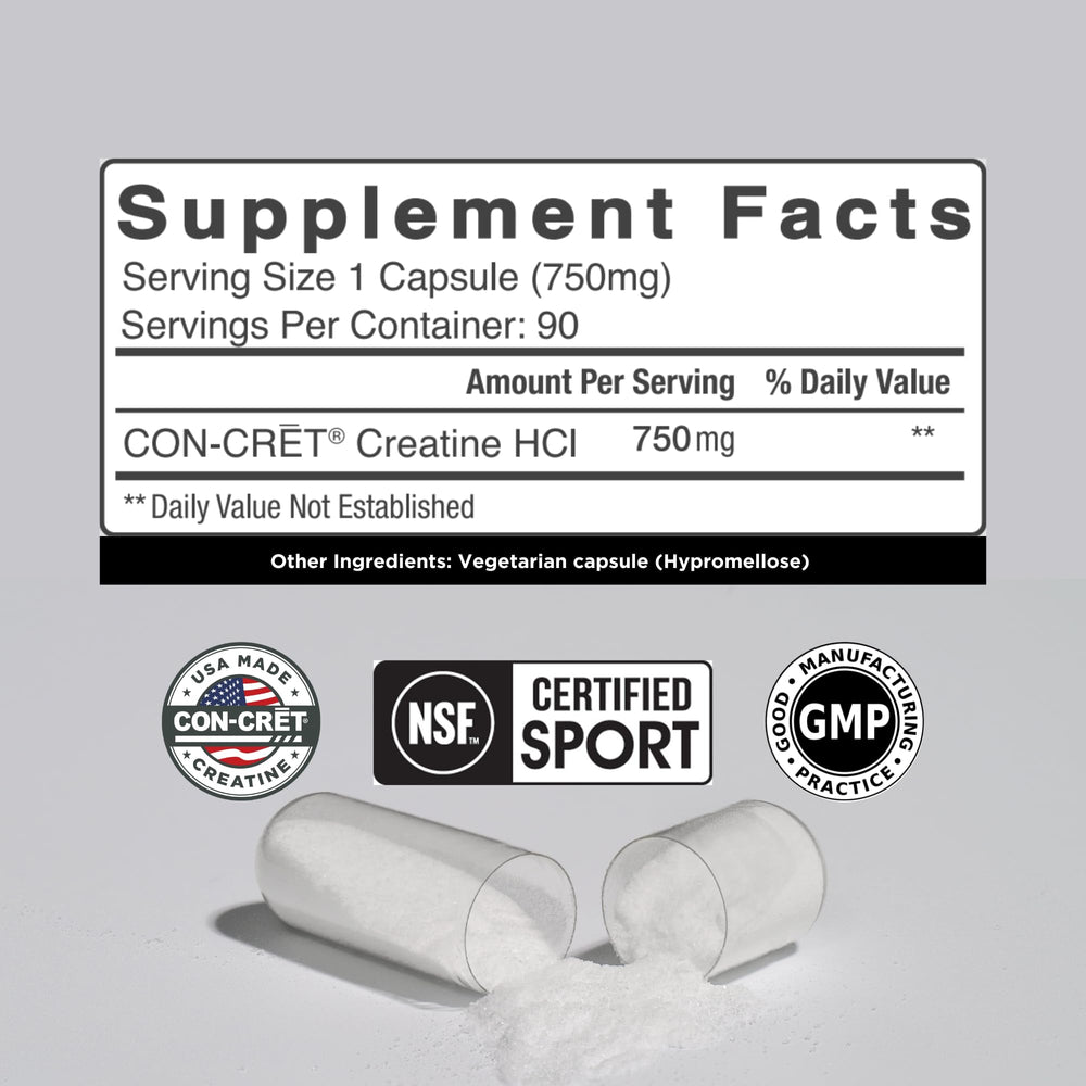Close-up of CON-CRET Creatine HCl capsule bottle label
