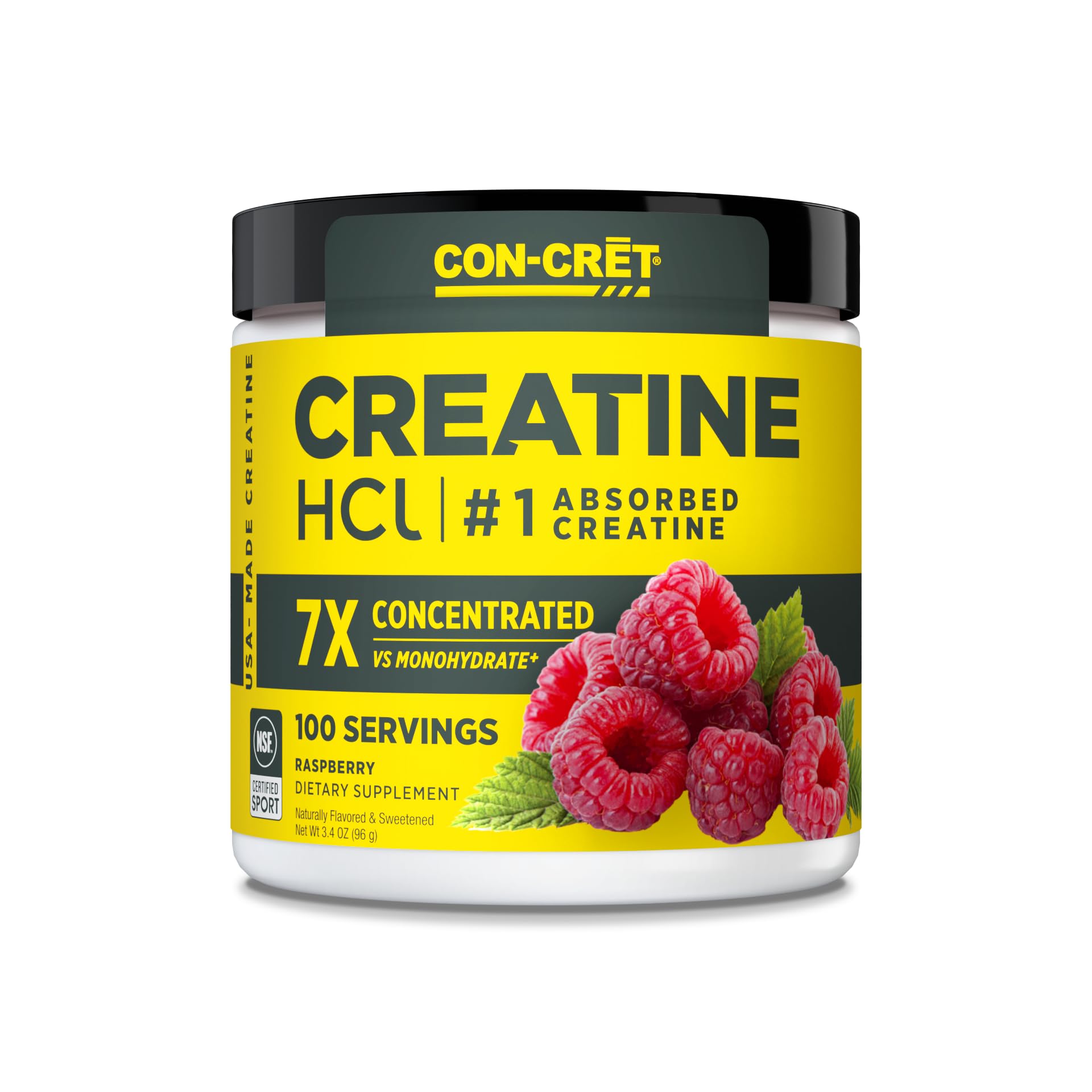 Front packaging of CON-CRET Creatine HCl Raspberry flavor, 100 servings
