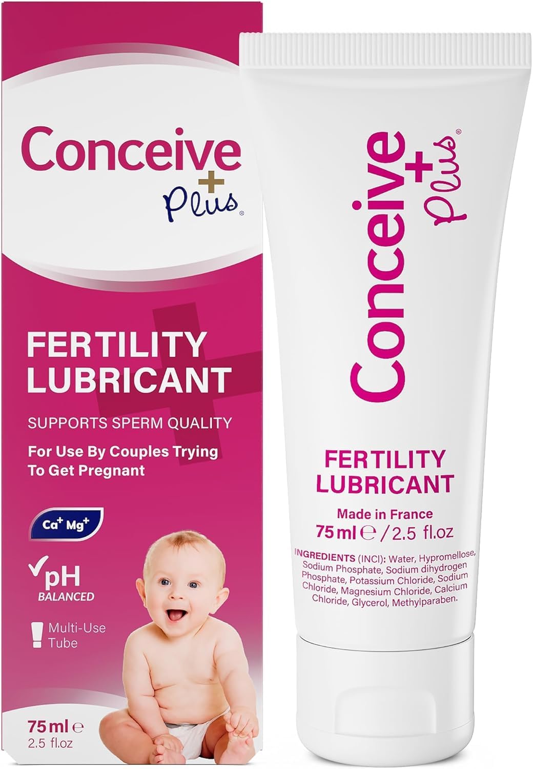 Conceive Plus fertility lubricant bottle shows a sperm-friendly, pH-balanced option for TTC couples.