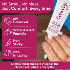 Conceive Plus application shot demonstrating smooth, non-sticky gel for comfortable intimacy.