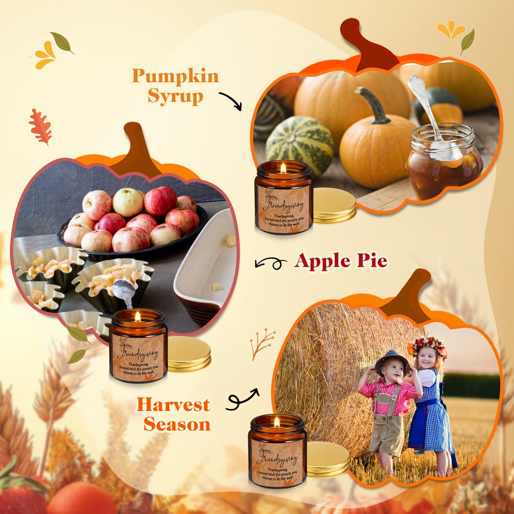 Friendsgiving gift set with pumpkin-scented candles in amber jars
