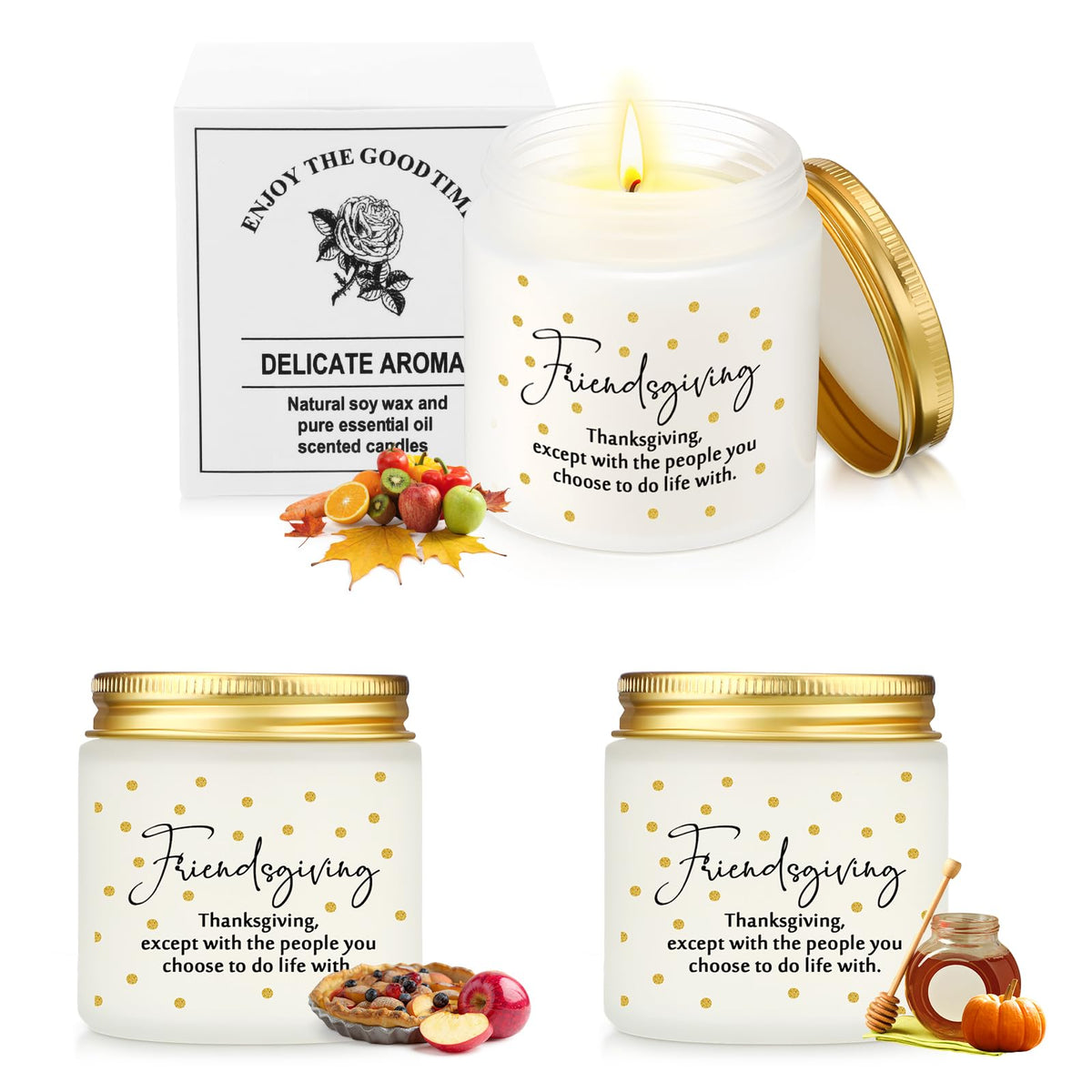 Conelist 3-piece Thanksgiving candle set in white glass jars