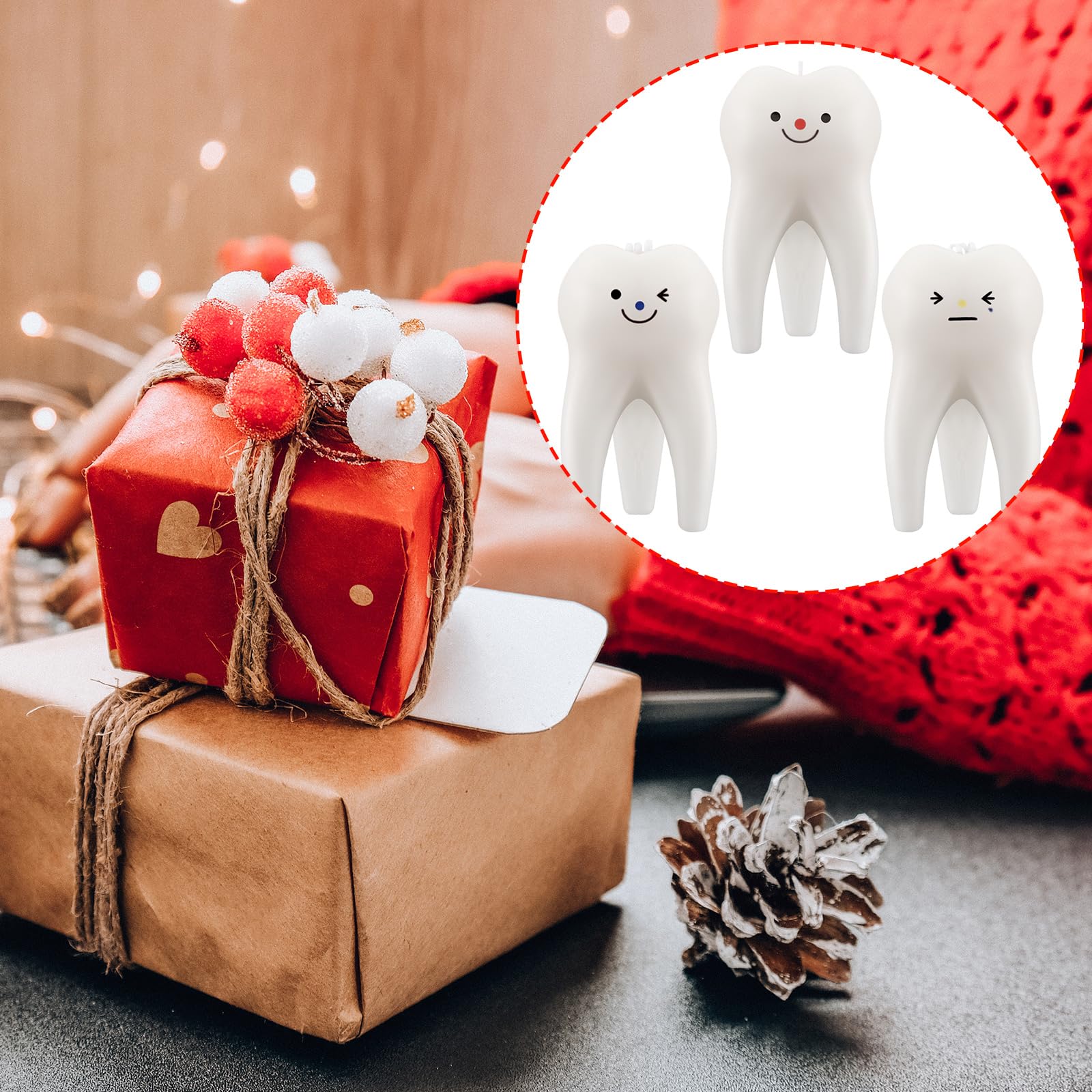 Conelist tooth candle vanilla trio on desk illustrates stylish dental office decor
