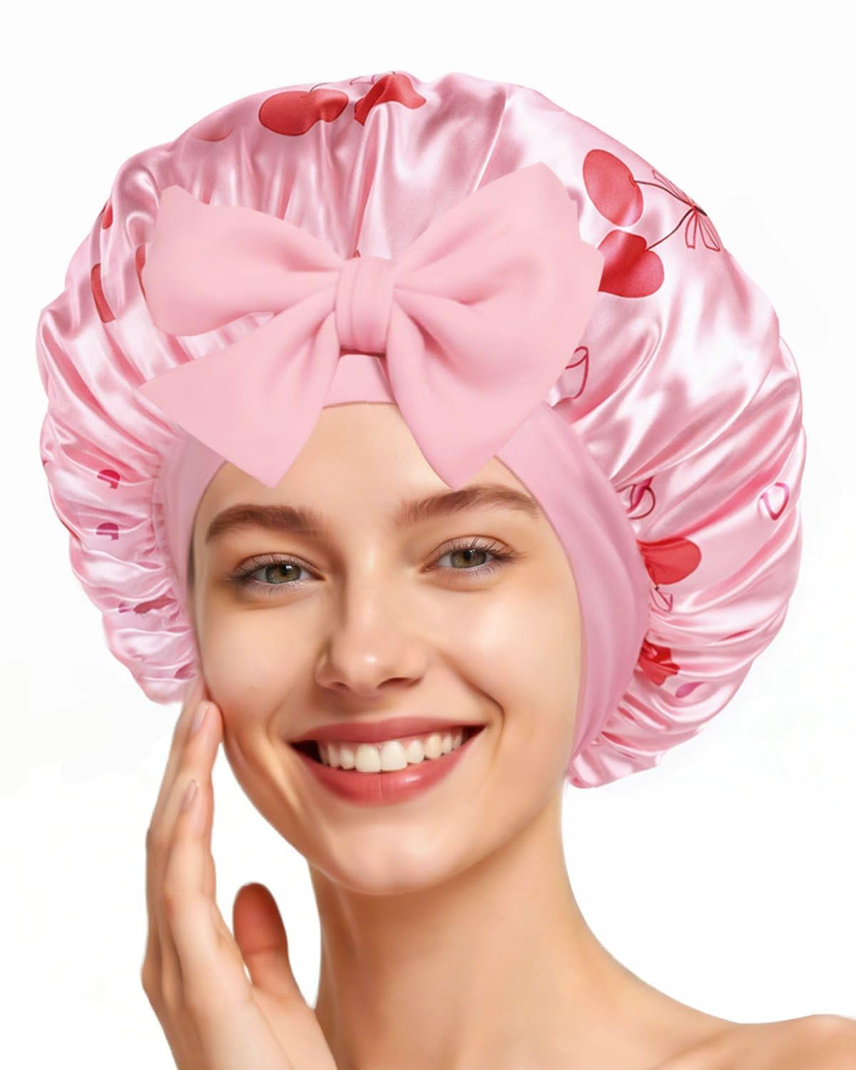 Confvrter Silk Bonnet with Cherry Blossom Print for gentle overnight hair protection.