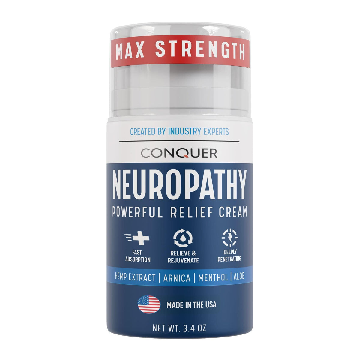 Conquer Neuropathy Cream bottle closeup illustrating potential fast-acting nerve relief.