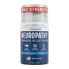 Conquer Neuropathy Cream bottle closeup illustrating potential fast-acting nerve relief.