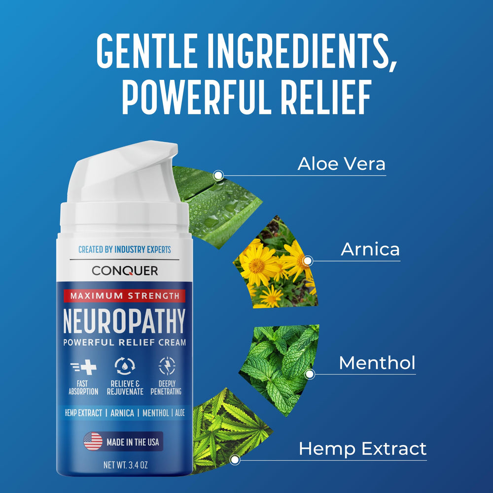 Conquer Neuropathy Cream ingredients lineup includes arnica, aloe, and hemp.
