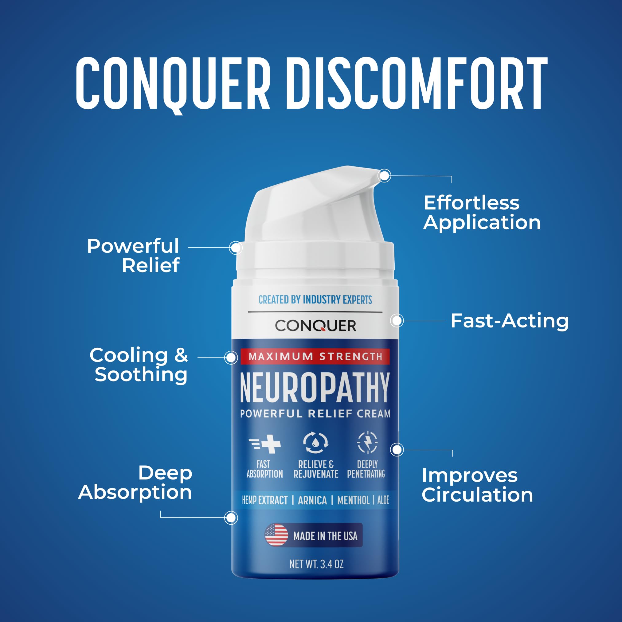 Conquer Neuropathy Cream pump-dispense showing easy, long-lasting application.