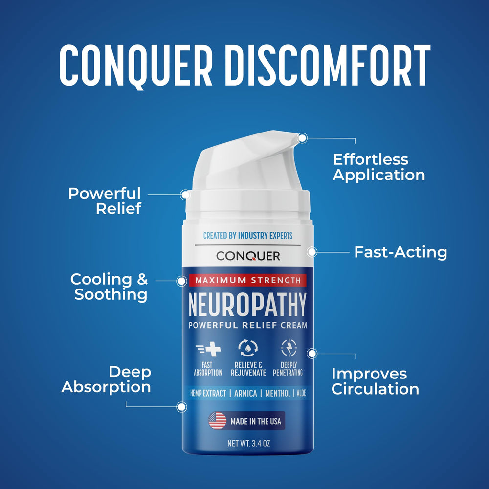 Conquer Neuropathy Cream pump-dispense showing easy, long-lasting application.