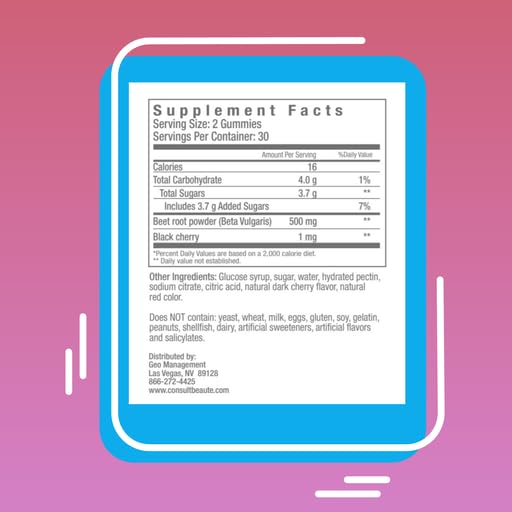 Nutritional information panel on Primo Beets Treats Gummies