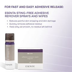 ConvaTec ESENTA adhesive residue removal near stoma showing skin-safe use.
