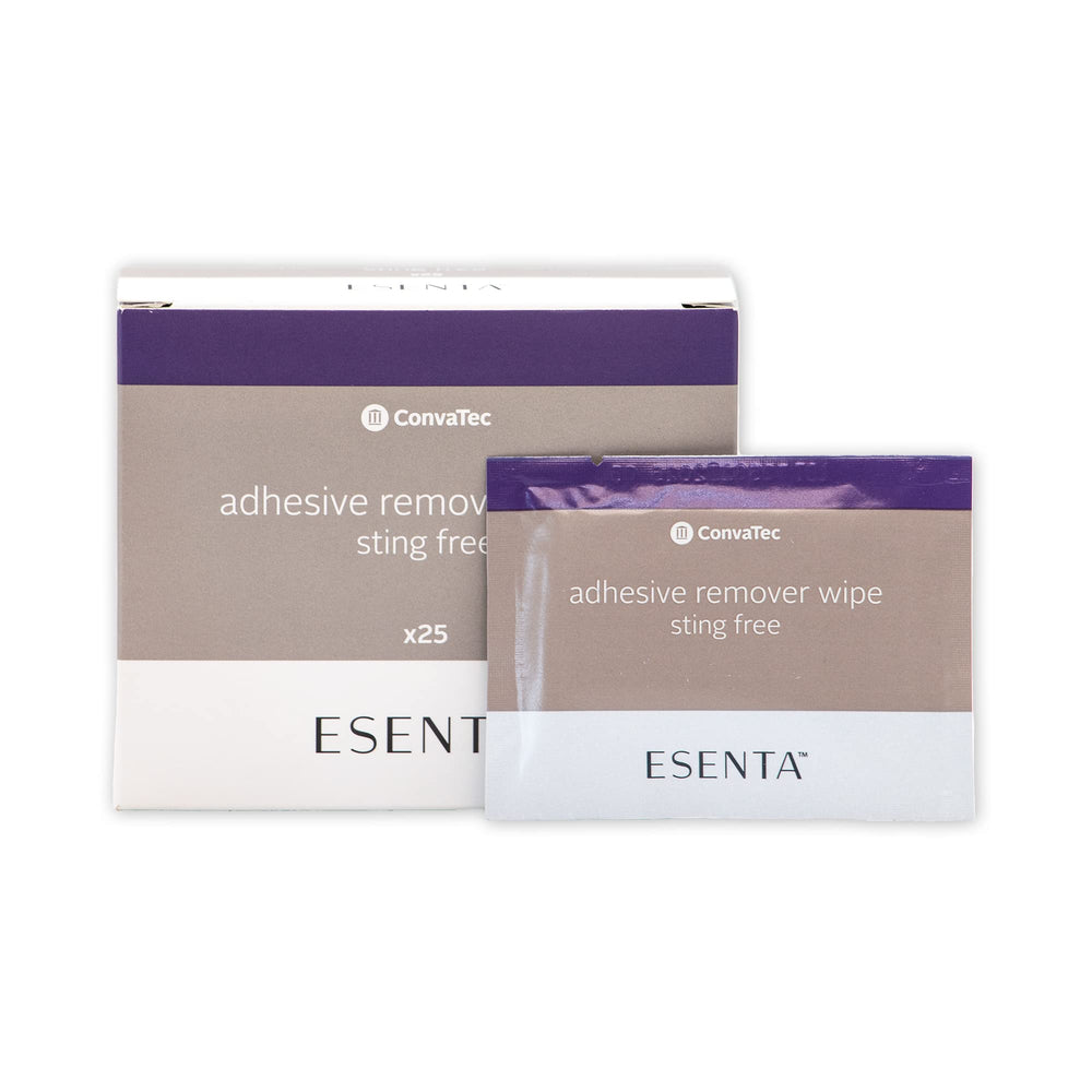 ConvaTec ESENTA remover latex-free label emphasizing allergy-friendly skin care.