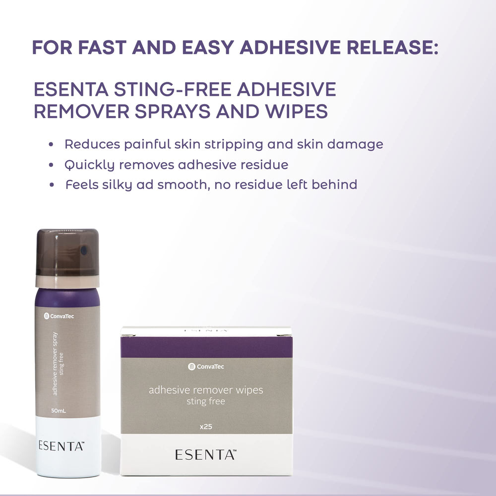 ConvaTec ESENTA remover spray on skin highlighting sting-free adhesive residue removal.