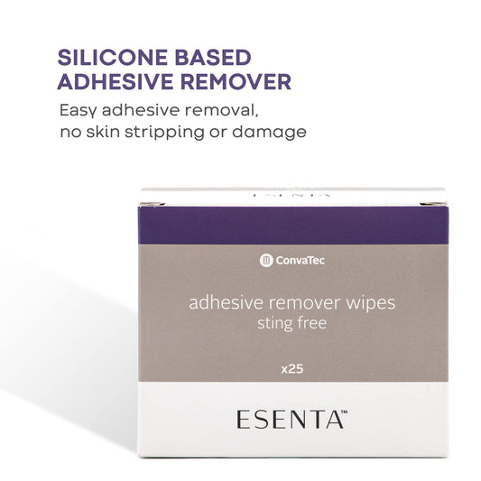 ConvaTec ESENTA remover wipes packaging demonstrates convenient latex-free adhesive removal at home.