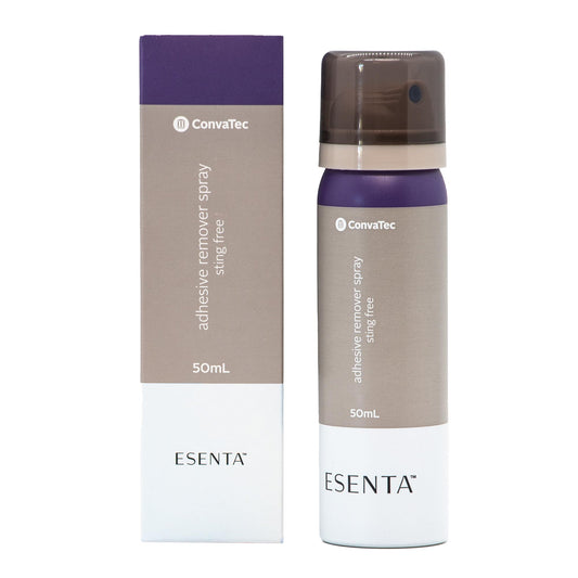 ConvaTec ESENTA adhesive remover spray bottle ready for sting-free residue removal.