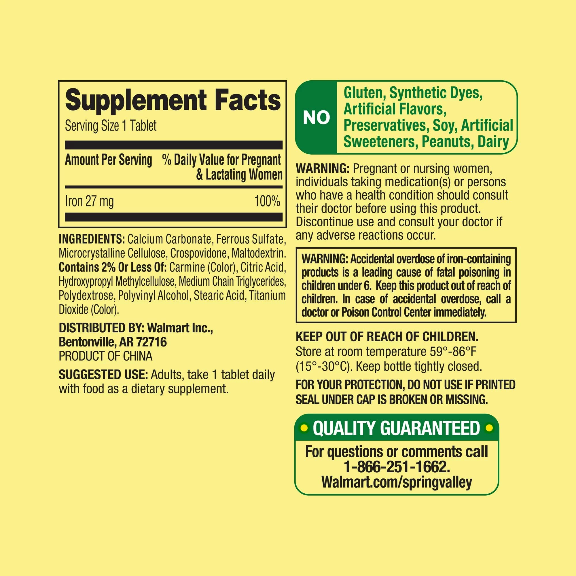 Close-up of bottle label showing 27 mg iron per tablet