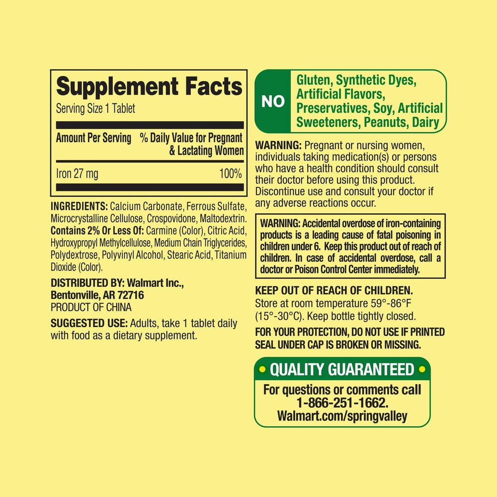 Close-up of bottle label showing 27 mg iron per tablet