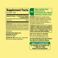 Close-up of bottle label showing 27 mg iron per tablet