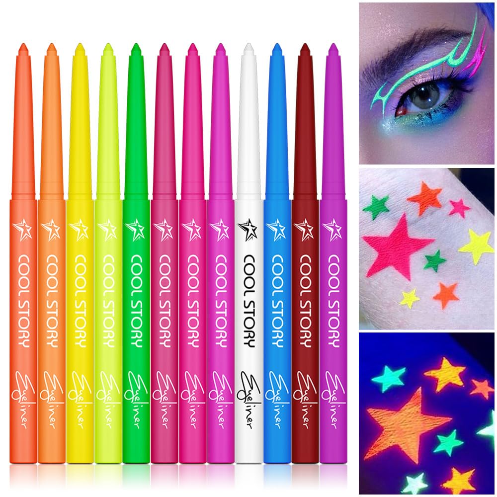 Cool Story Neon Eyeliner glows under UV light for vibrant party looks.