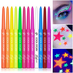 Cool Story Neon Eyeliner glows under UV light for vibrant party looks.