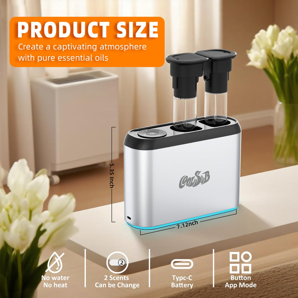 CoolSub diffuser dual-nozzle highlights two scent options for flexibility.