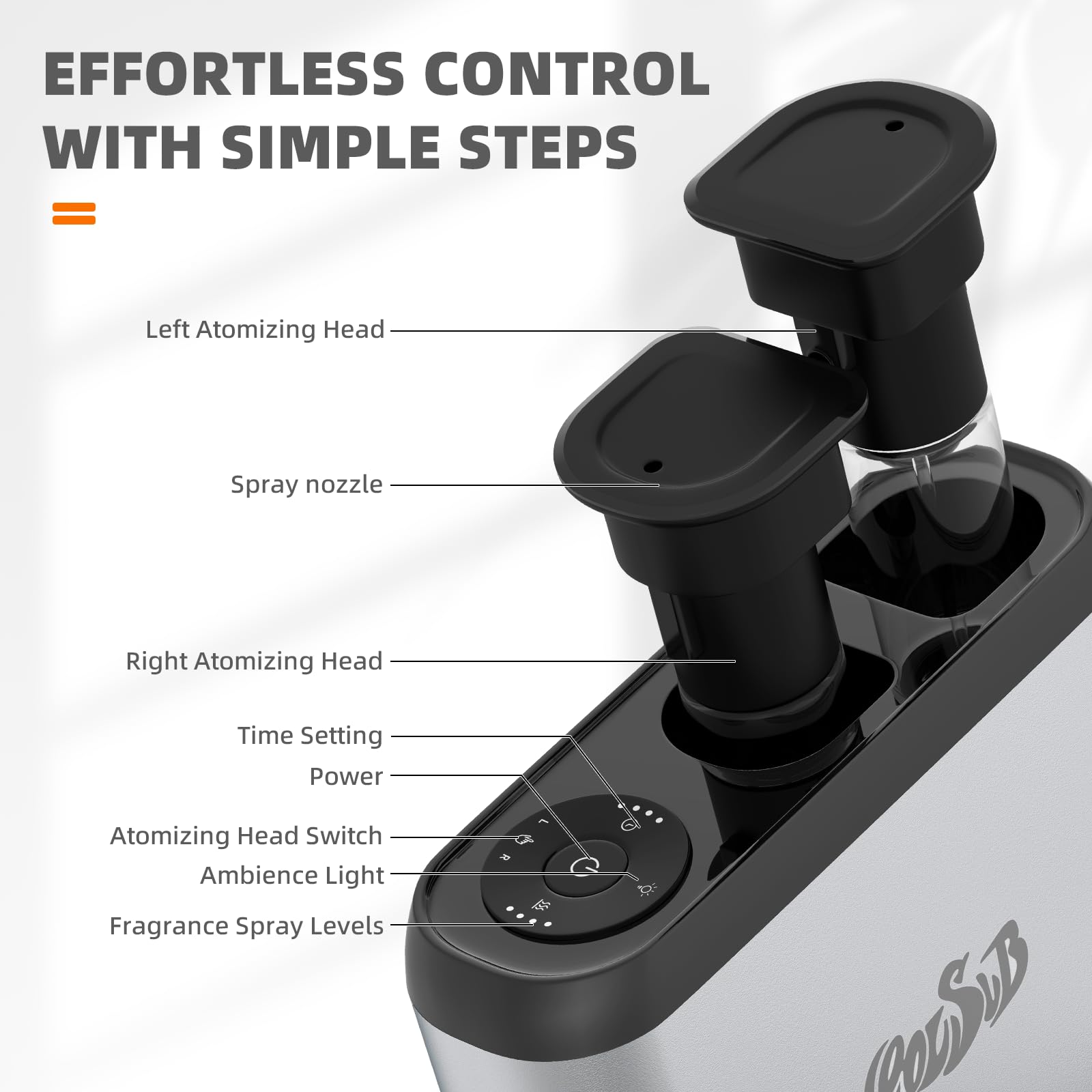 CoolSub diffuser four-level modes tailor aroma intensity to space needs.