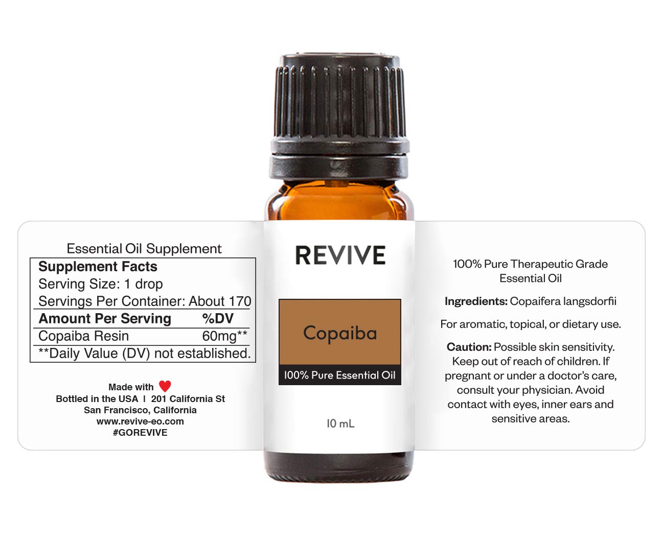 Copaiba essential oil bottle labeled therapeutic grade