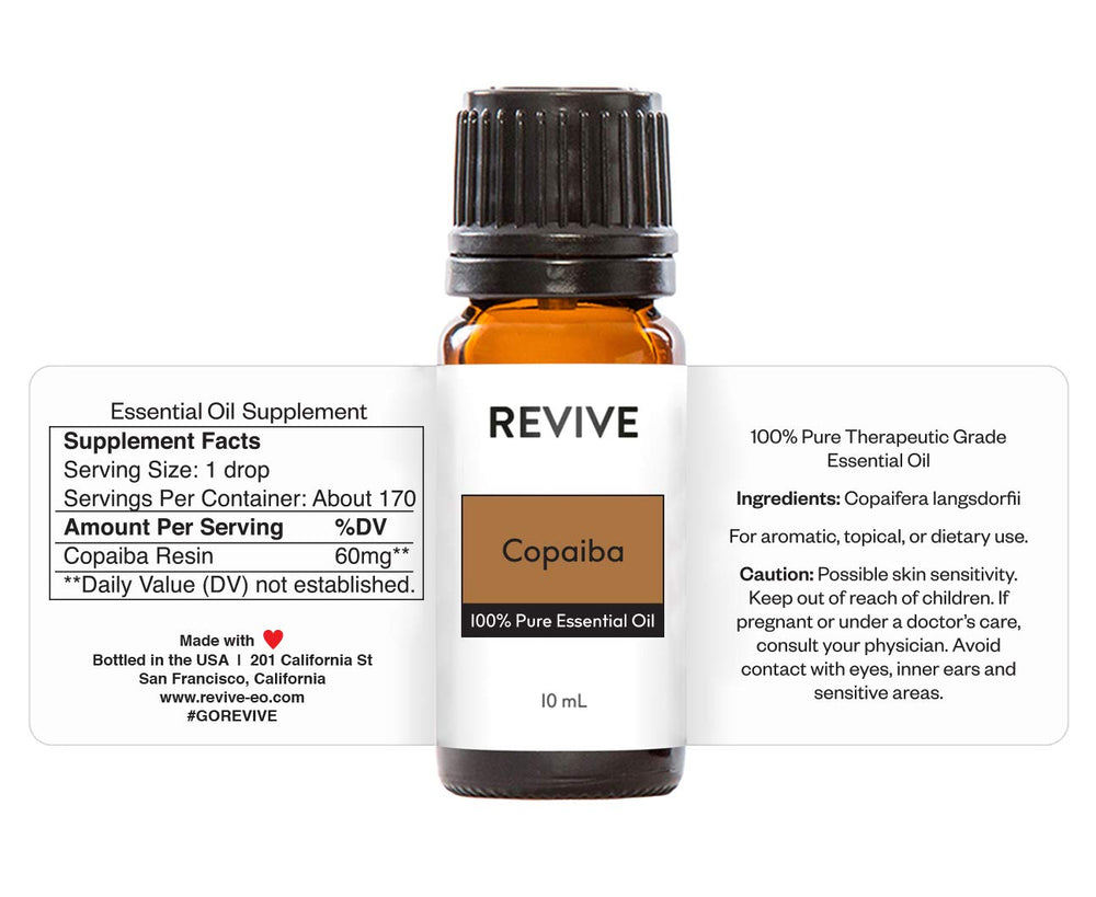Copaiba essential oil bottle labeled therapeutic grade