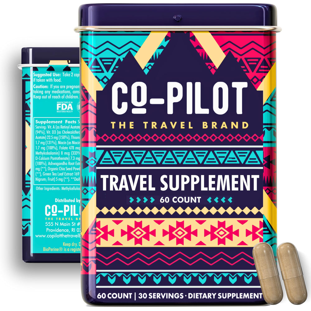 Co-Pilot Travel Brand tin front showing vegan capsules for jet lag support