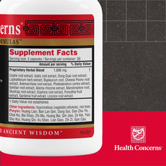 Product label for Health Concerns Coptis Purge Fire Formula 90 capsules