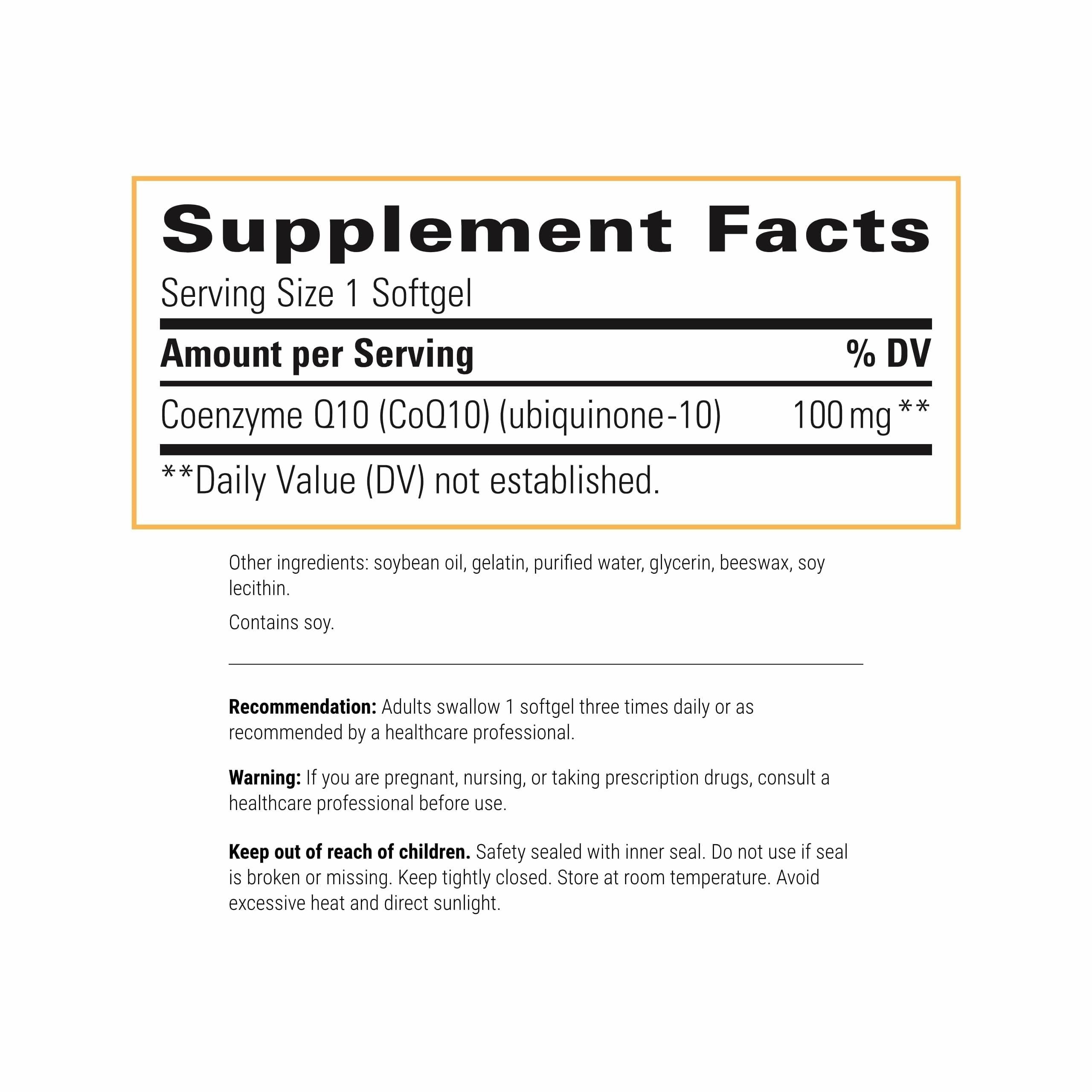 Nutrition label / supplement facts for CoQ10 100 mg
