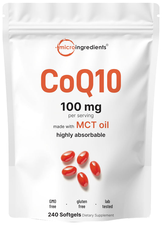 Micro Ingredients CoQ10 100mg softgels in bottle with coconut MCT oil