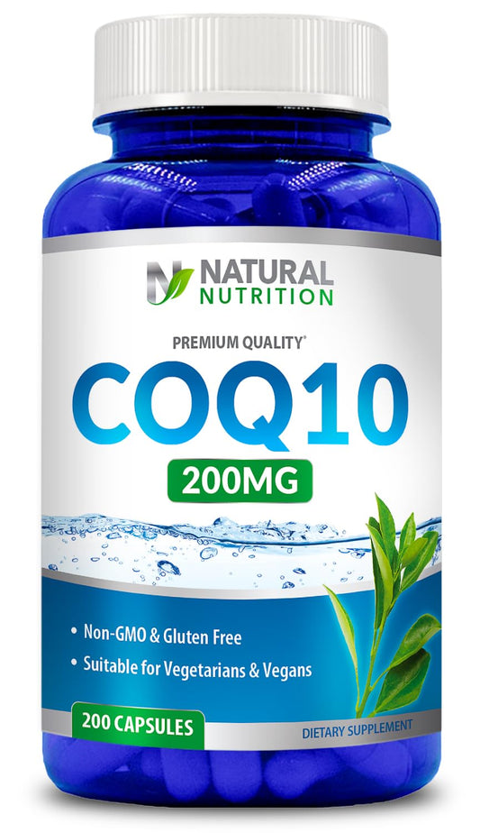 CoQ10 200mg bottle label with 200 capsules