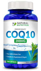 CoQ10 200mg bottle label with 200 capsules