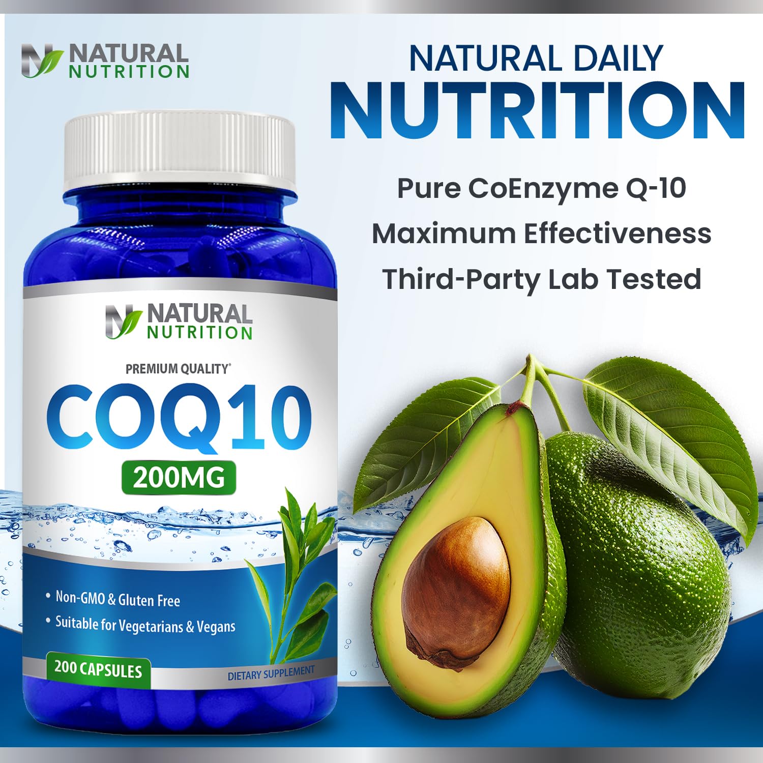 Generic Natural CoQ10 200mg bottle on white background