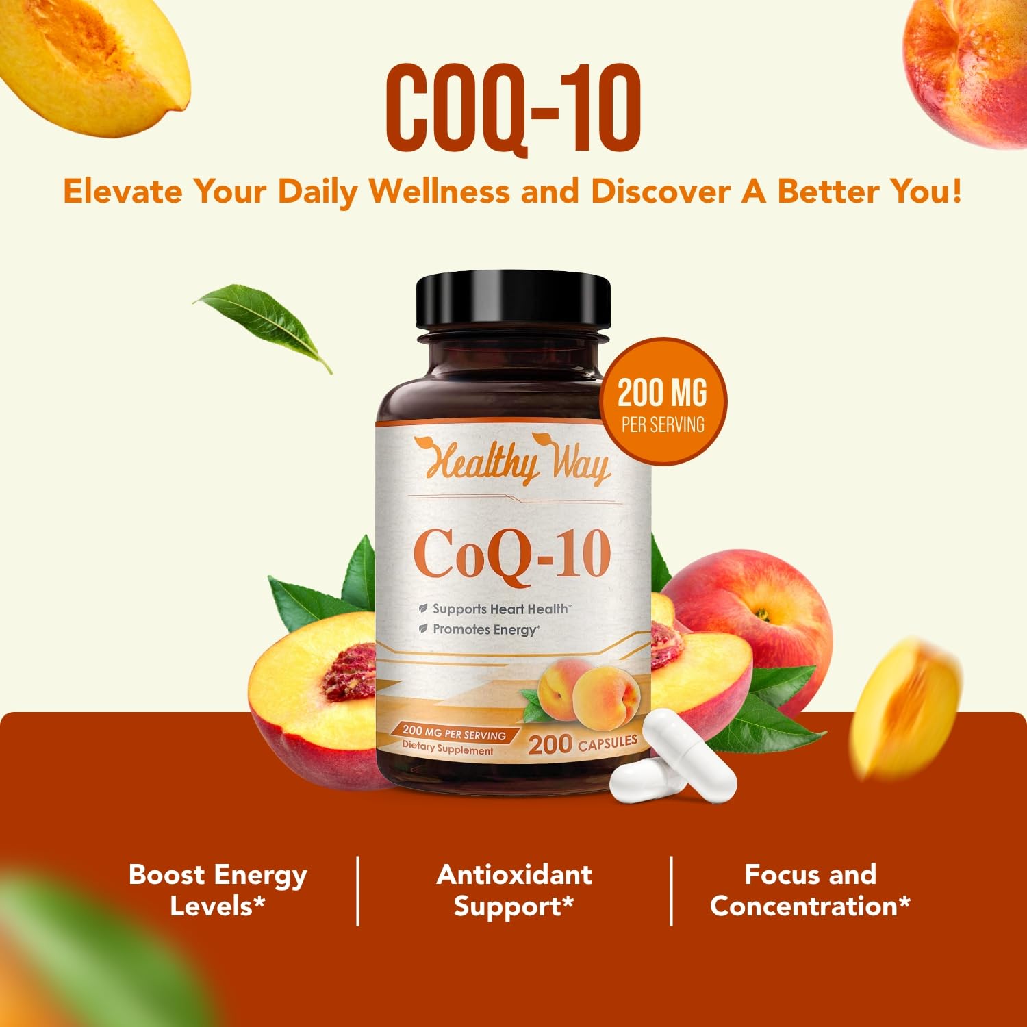 CoQ10 200mg capsules promoting energy support