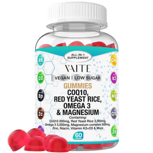 CoQ10 200mg gummies with red yeast rice and magnesium glycine label on bottle