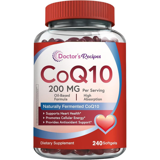 Front view of Doctor's Recipes CoQ10 200mg bottle with olive oil softgels
