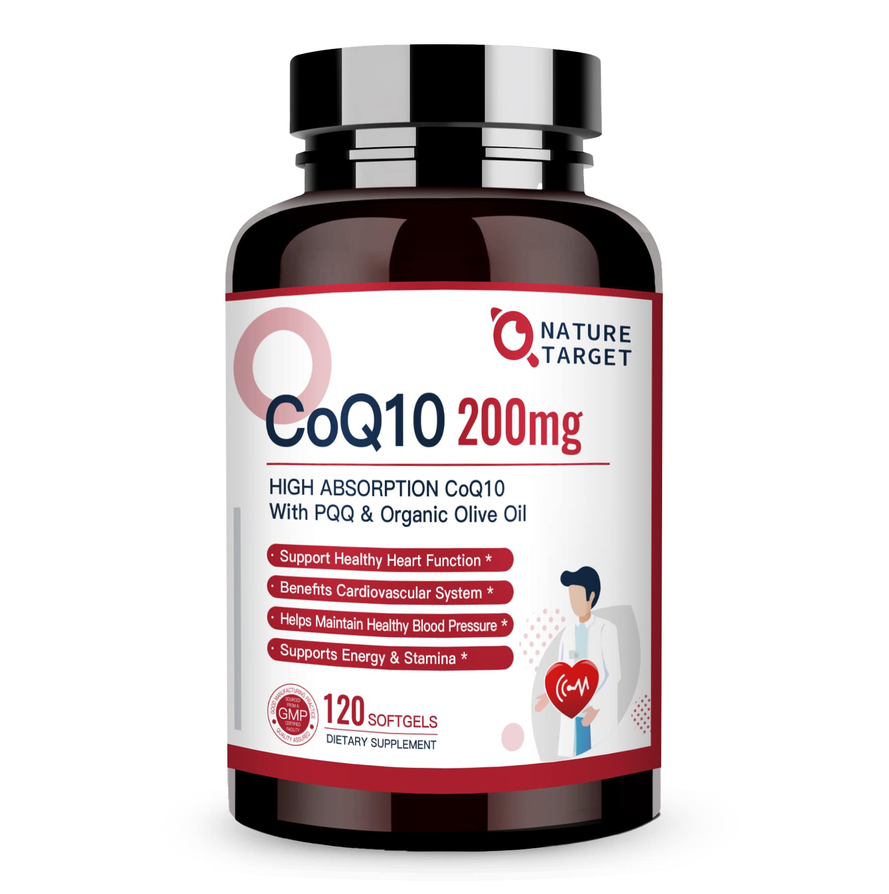 Nature Target CoQ10 200mg softgels with organic olive oil bottle
