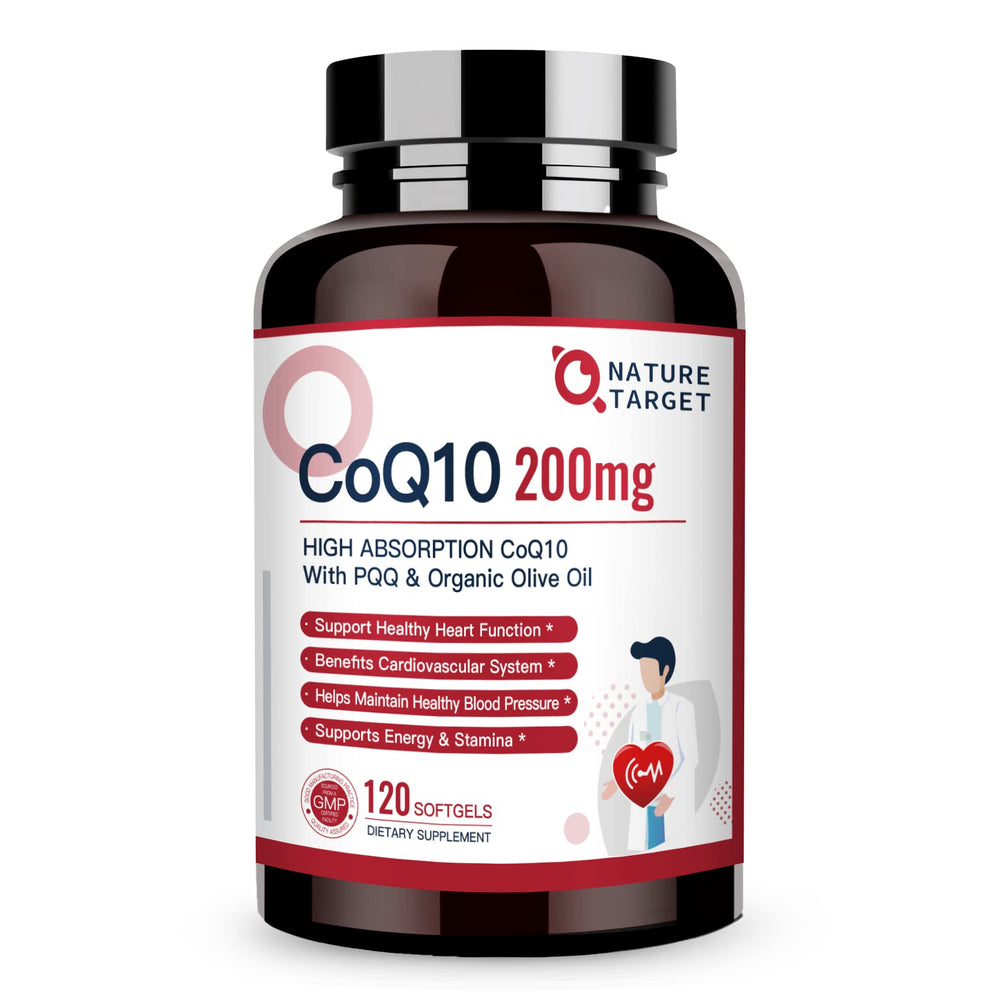 Nature Target CoQ10 200mg softgels with organic olive oil bottle