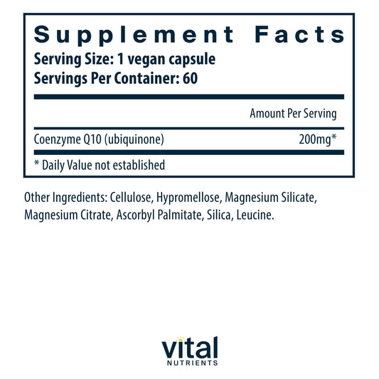 CoQ10 200mg bottle with vegan and Non-GMO labels