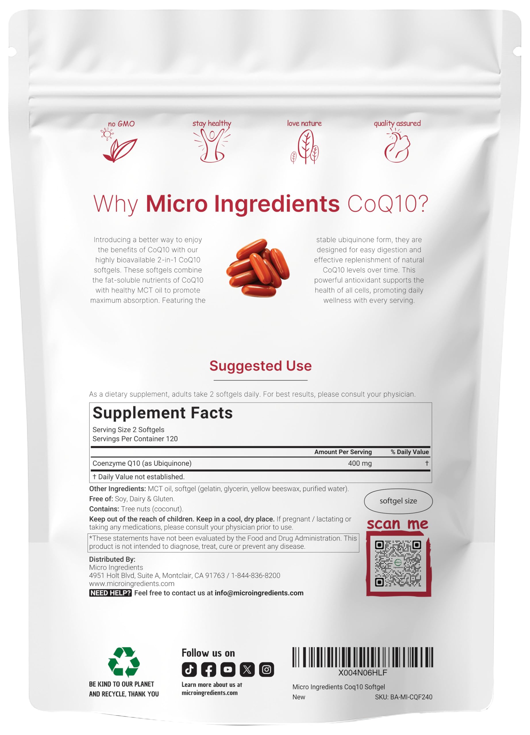 Packaging of Micro Ingredients CoQ10 240 softgels