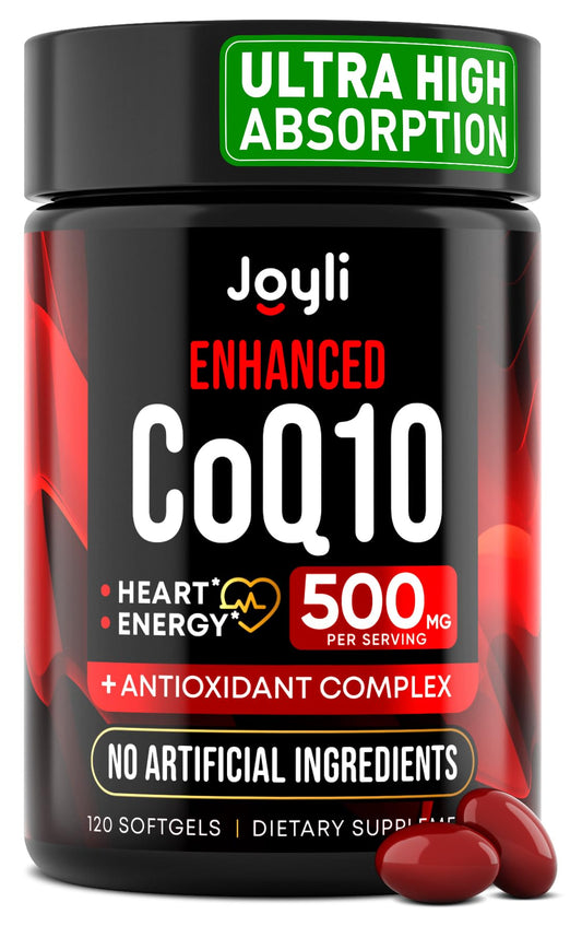 Front view of CoQ10 500mg softgels bottle with Joyli branding