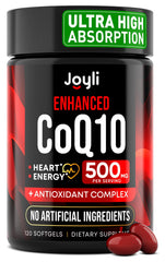 Front view of CoQ10 500mg softgels bottle with Joyli branding