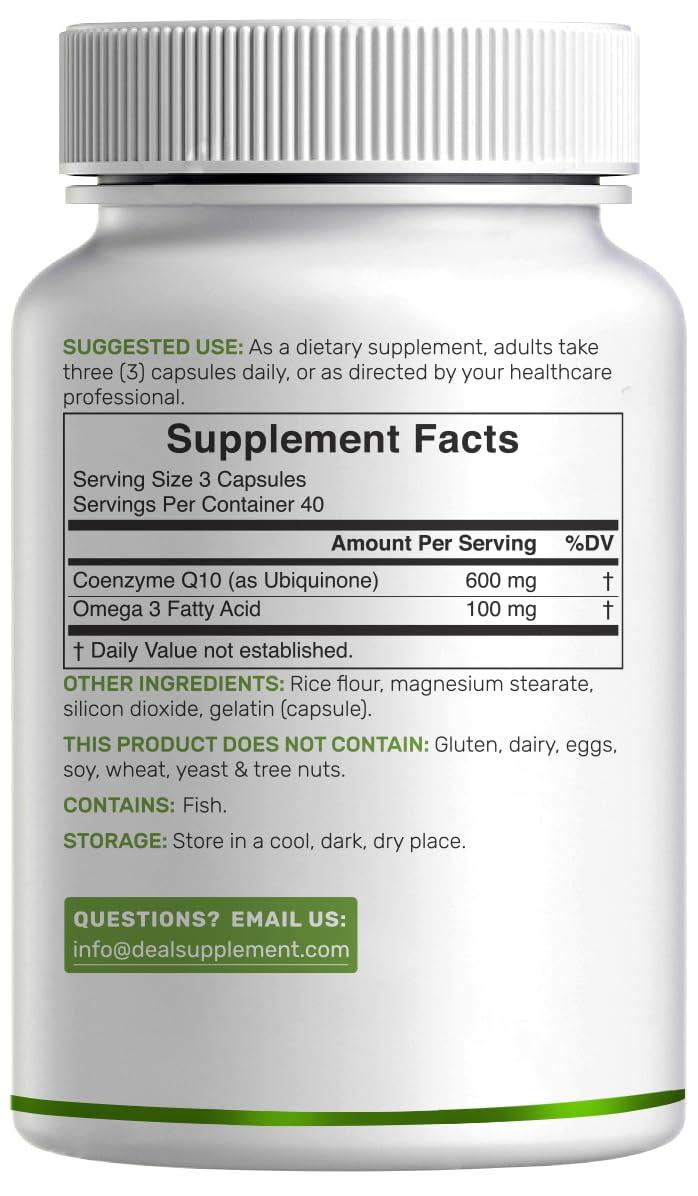 Label on bottle showing CoQ10 600mg and Omega-3 100mg