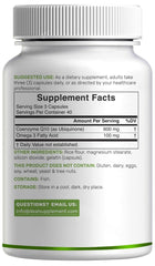 Label on bottle showing CoQ10 600mg and Omega-3 100mg