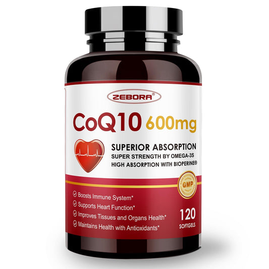 Front bottle of CoQ10 600mg softgels with label